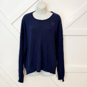 Sundry Heart Embroidered Long Sleeve Cashmere Merino Sweater Blue Red Sz L 3